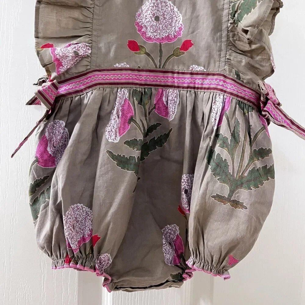 Pink Chicken Olive Green Floral Romper Side Bows Cotton Girls Size 6-12 Months